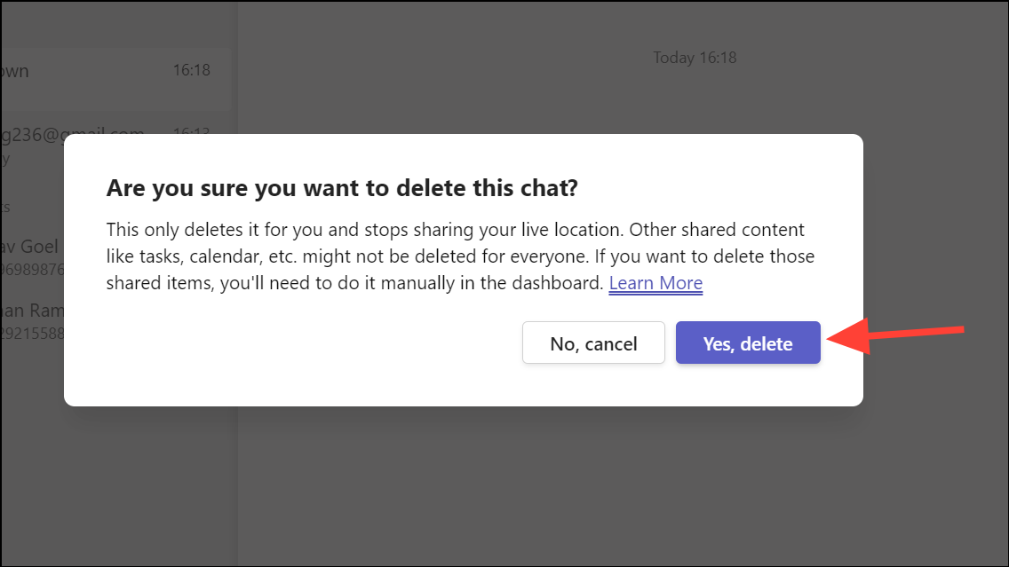 Confirm Teams chat deletion