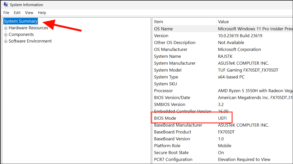 System Information window showing BIOS Mode — UEFI or Legacy