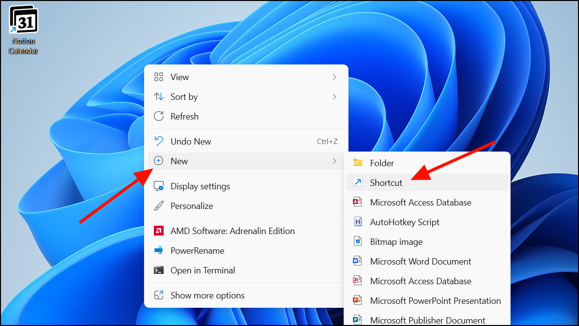 Right-click desktop — New — Shortcut option in Windows 11