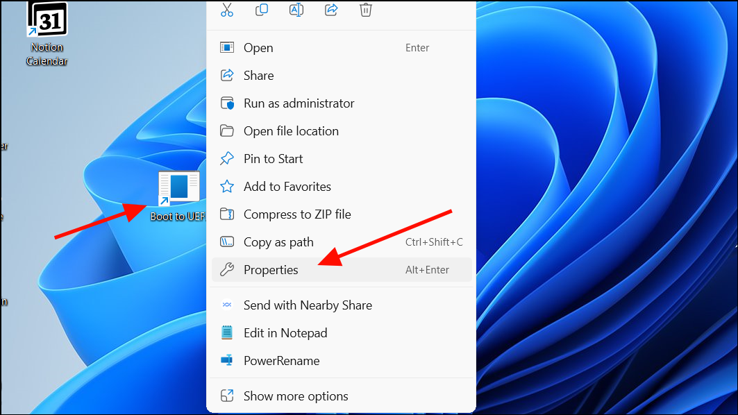 Right-click Boot to UEFI shortcut — Properties