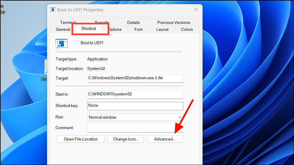 Shortcut Properties — Advanced button
