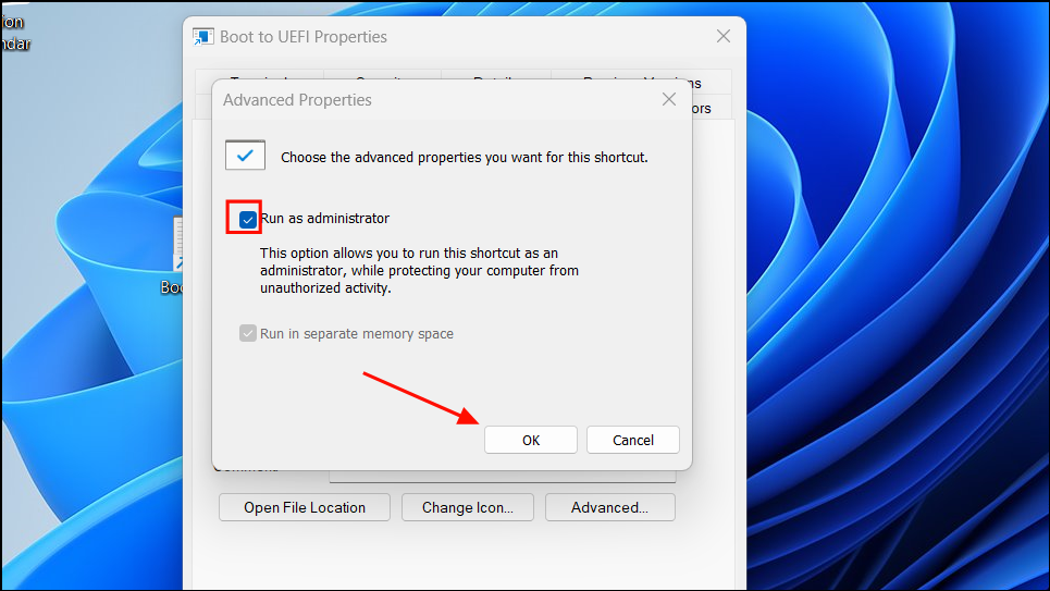 Advanced Properties — Run as administrator checkbox checked