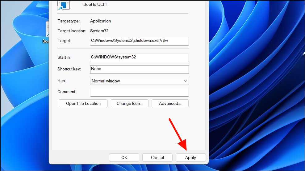 Shortcut Properties — Apply and OK