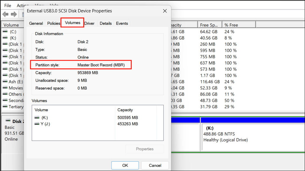 Disk Management — Disk 0 Properties — Volumes tab showing MBR partition style
