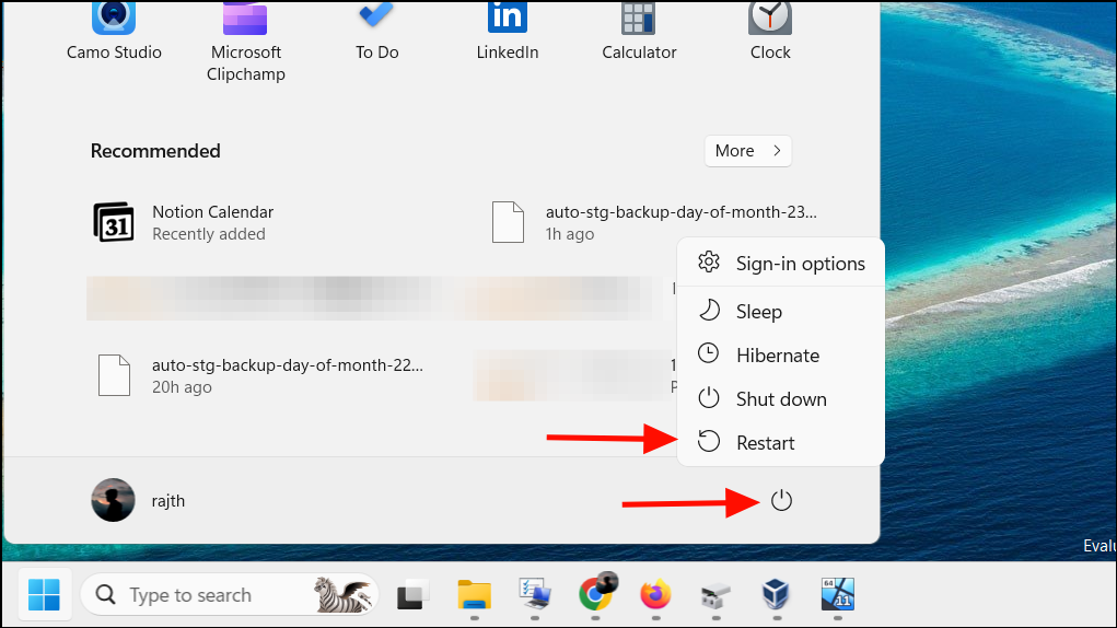 Windows 11 Start menu — Shift + Restart to enter Recovery Environment